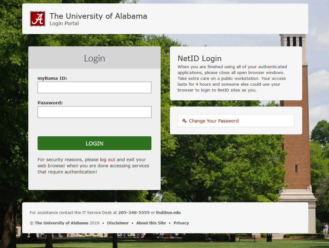 Mybama login screen