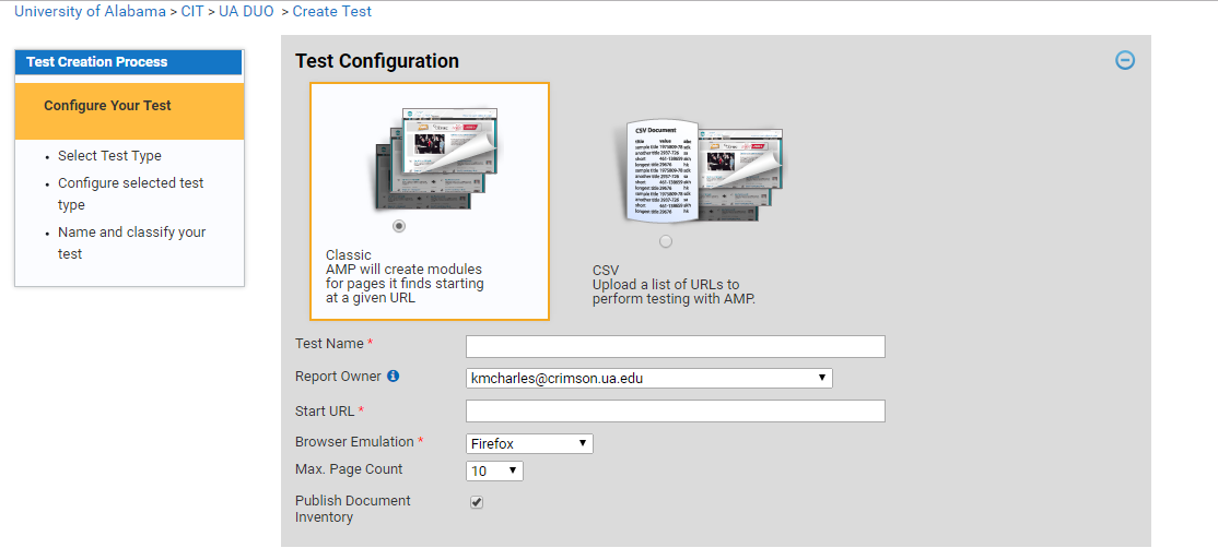 Test configuration process