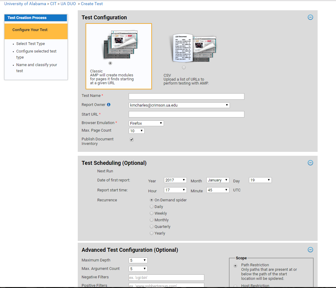 Setting up test scheduling