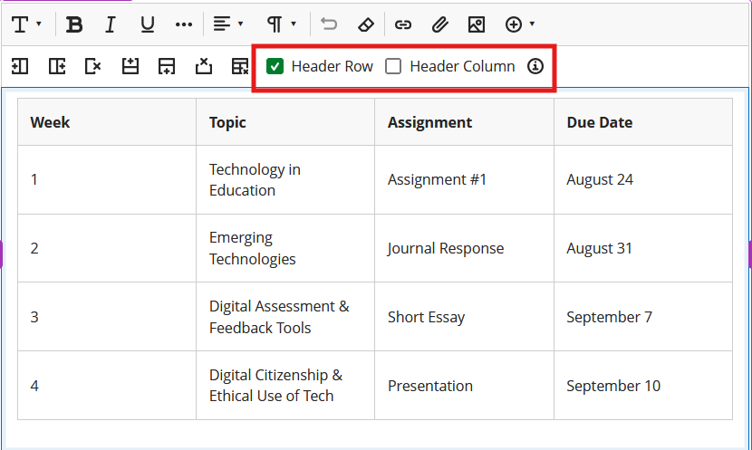 In the Blackboard content editor, use the Insert Table button to expand the Tables menu. Check the box for Header Row and/or Header Column to make your table more accessible.